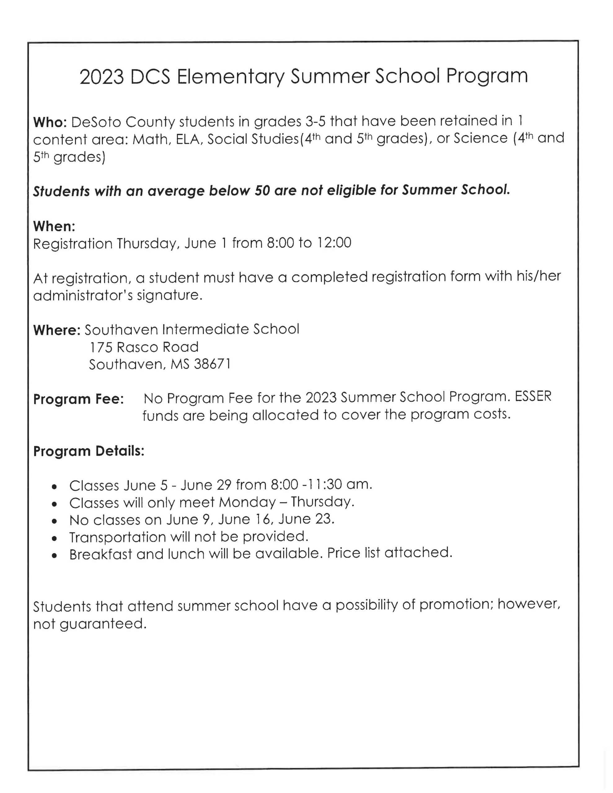 DCS announces summer school program DeSoto County News