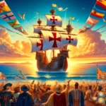 DALL·E 2024-10-14 08.49.22 – A vibrant scene celebrating Columbus Day with a large ship resembling Christopher Columbus’s Santa Maria sailing across the ocean under a bright blue