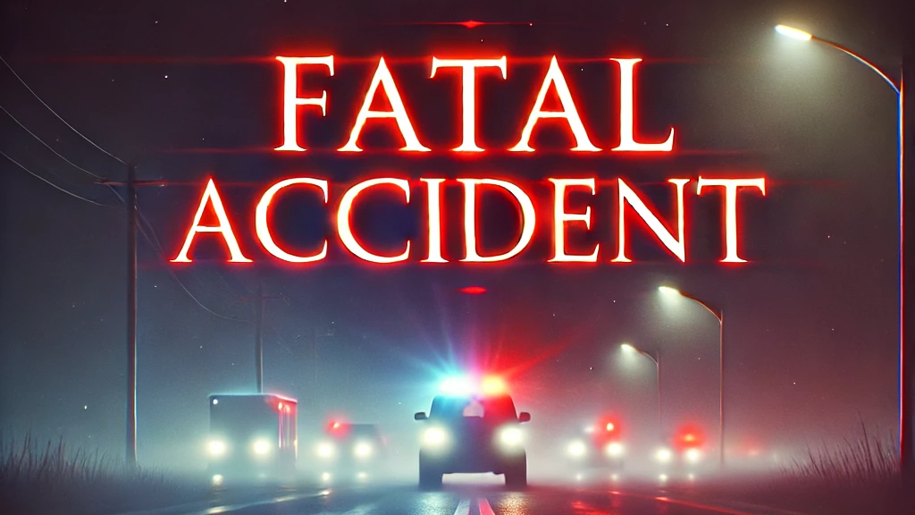 DALL·E 2024-11-04 20.13.03 – A realistic graphic representation of a dark road scene at night, with the words ‘Fatal Accident’ in bold, glowing red letters above the scene. The ro