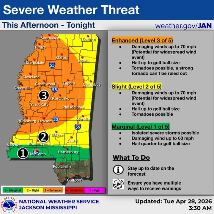 Parts of Mississippi Under Enhanced Severe-Storm Risk; Tornadoes ...