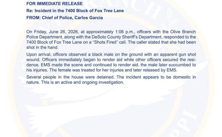 Man dies after shooting at Olive Branch home, police say June 26, 2026