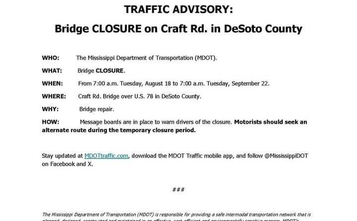 MDOT to close Craft Road bridge over Interstate 22 in Olive Branch Photos from City of Olive Branch - Government's post