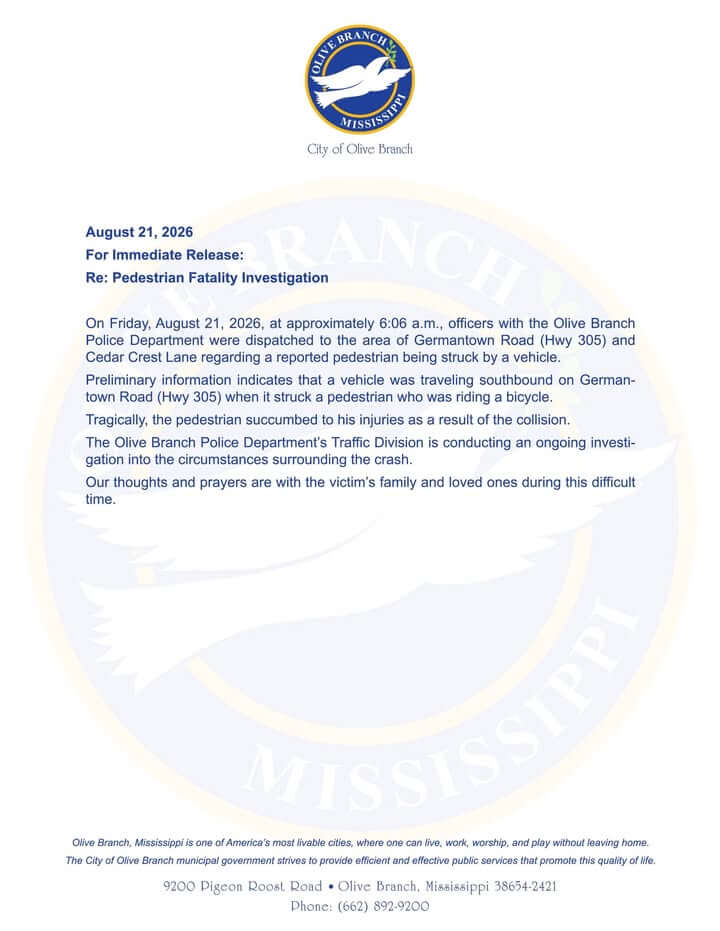 Bicyclist fatally struck on Germantown Road, Olive Branch police say