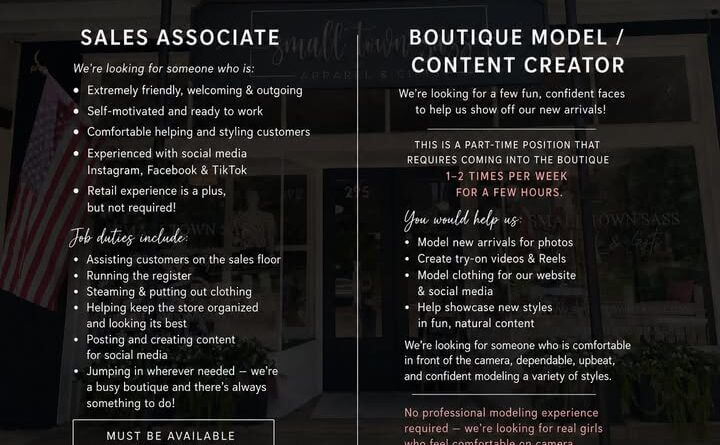 Small Town Sass seeks sales associate and several models We’re adding to our Small Town Sass crew!