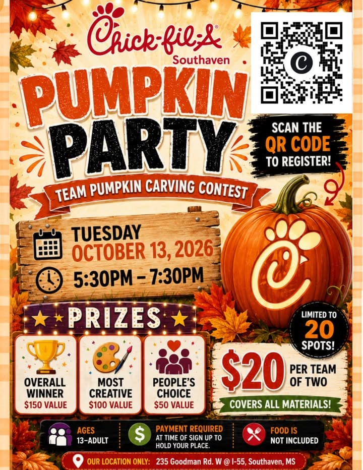 Pumpkin party and carving contest announced for Chick-fil-A Southaven