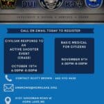 Horn Lake Police Offer Free Active Shooter Training Horn Lake Police Department flyer for Horn Lake active shooter training (CRASE) on Oct. 15 and basic medical for citizens on Nov. 5