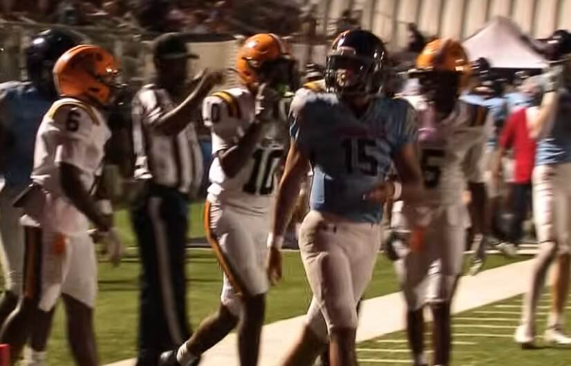 Lewisburg quarterback Kaysen Wiggins (15) on the field during a DeSoto County high school football game.