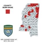 DeSoto County Burn Ban: None Yet, but Tate and Marshall Have One Mississippi Forestry Commission map of county burn bans showing Tate and Marshall counties in red while DeSoto County burn ban is not in effect