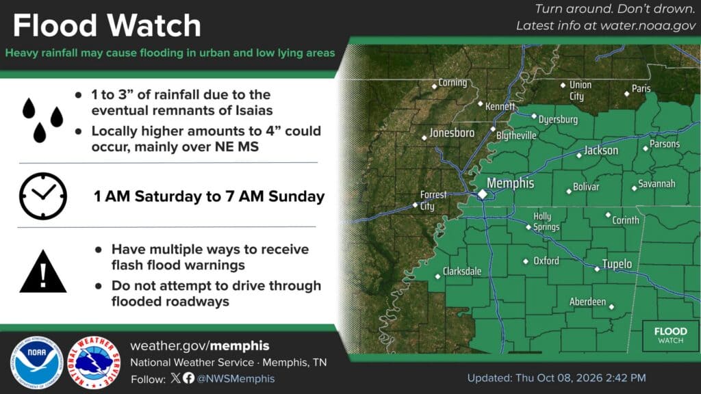 National Weather Service Memphis graphic showing the DeSoto County flood watch area across North Mississippi and West Tennessee, 1 a.m. Saturday to 7 a.m. Sunday