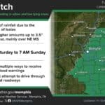 DeSoto County Wind Advisory Saturday as Isaias Moves In National Weather Service Memphis Flood Watch map covering DeSoto County and north Mississippi, issued alongside the DeSoto County wind advisory for Isaias
