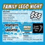 Hernando LEGO Events Set at Lost Pizza and Yo Bro Coffee Family LEGO Night flyer for the Hernando LEGO events at Lost Pizza Co. with Bricks & Minifigs Hernando
