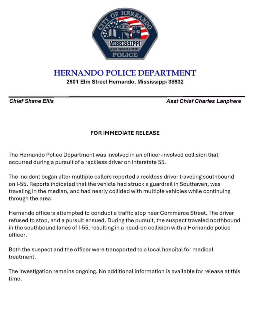 Hernando Police Department press release on the officer-involved collision on Interstate 55