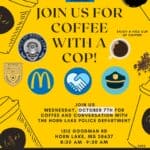 Horn Lake Police Host Coffee with a Cop on Oct. 7 Horn Lake Coffee with a Cop flyer for Oct. 7, 2026 at McDonald's, 1512 Goodman Road