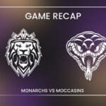 Mid-South Monarchs Fall 5-1 at Monroe in Weekend Rematch Mid-South Monarchs game recap graphic showing the Monarchs lion logo and the Monroe Moccasins snake logo