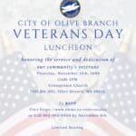 Olive Branch Veterans Day Luncheon Set for Nov. 12 City of Olive Branch flyer for the 2026 Olive Branch Veterans Day luncheon, with American flags and dog tags